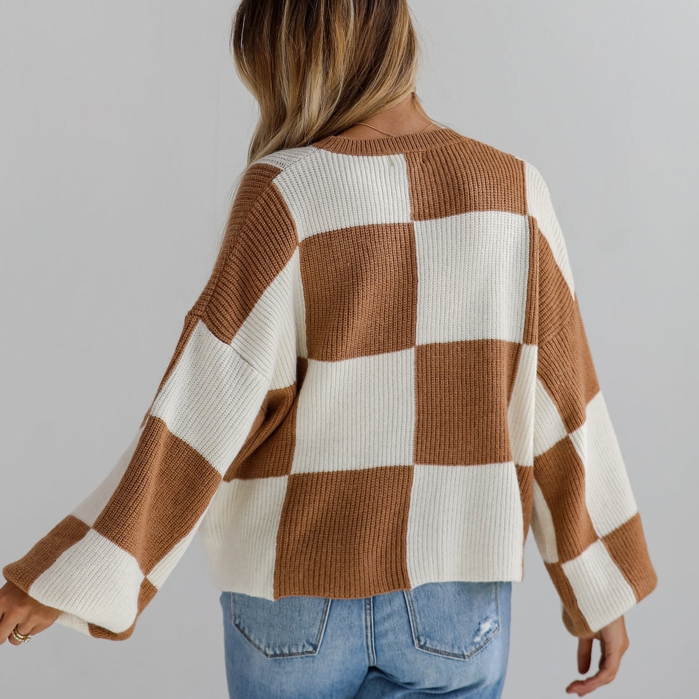 Brown and Cream Checkered Sweater - Picture 6 of 7